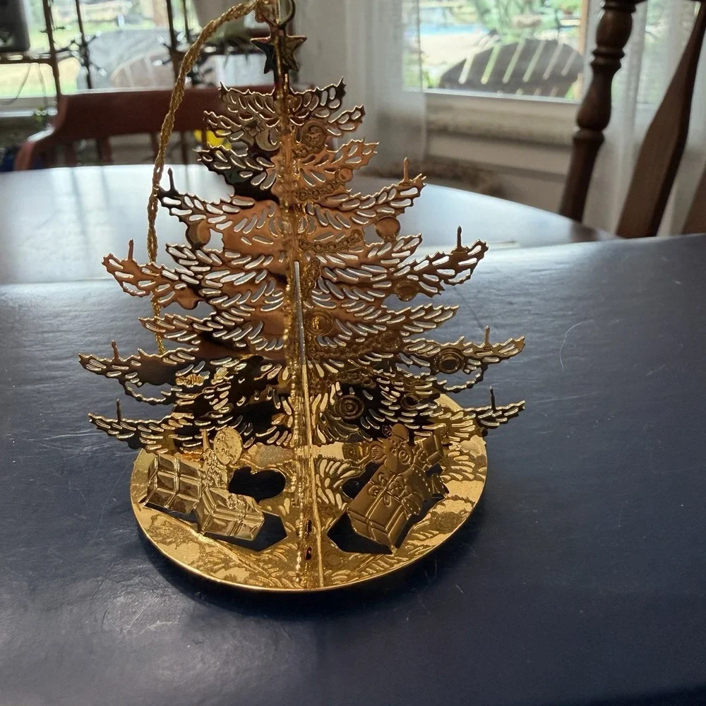 Vintage Gold Tone 3D Christmas Tree Ornament Folding Filigree &circle Ornaments